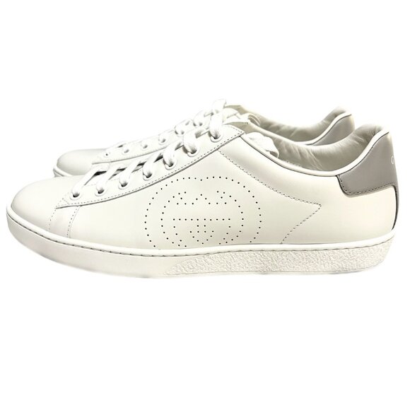 GUCCI Ace Perforated Interlocking GG Leather Sneakers in White Gray Size 39.5 - Picture 1 of 9